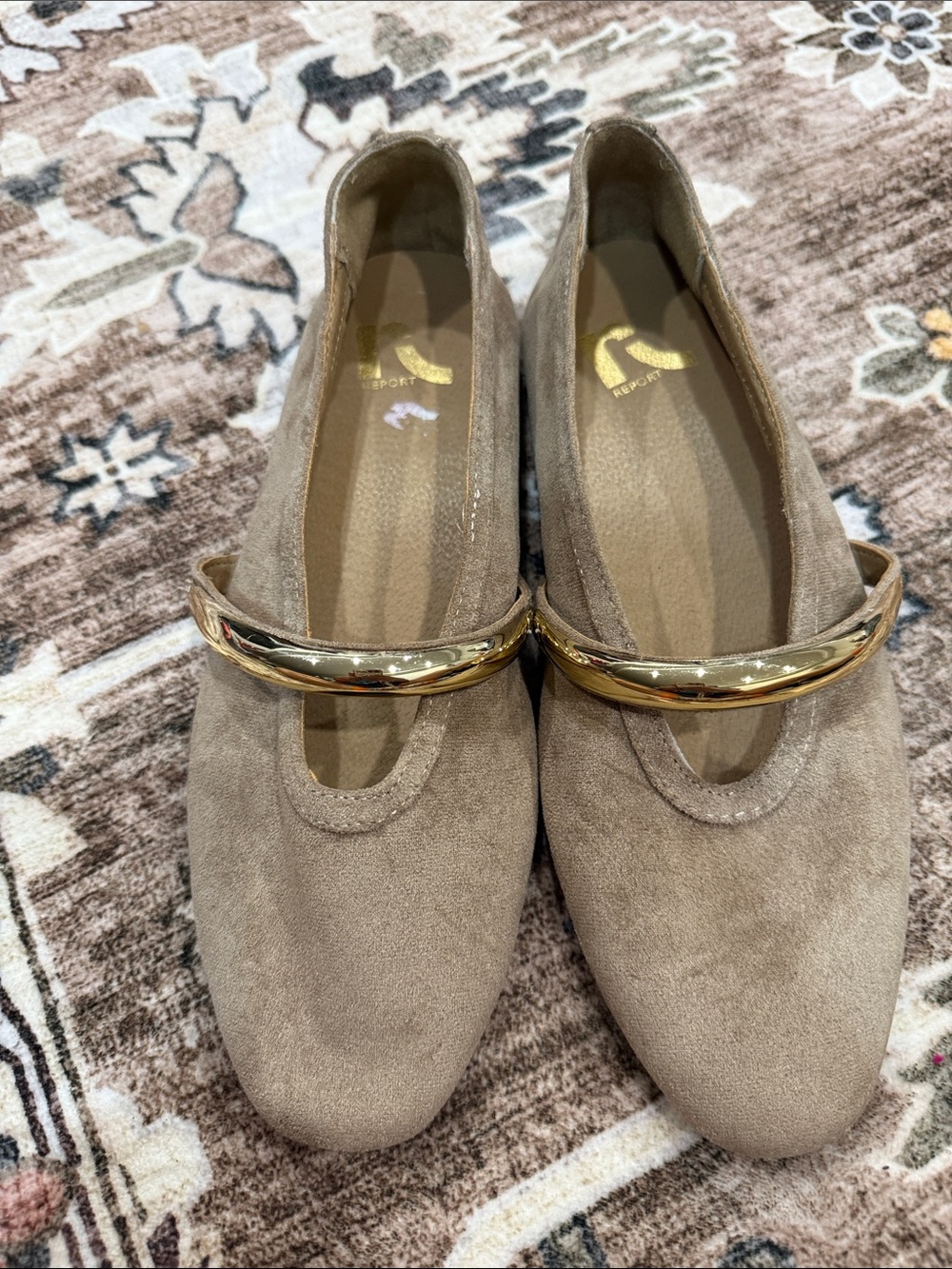 Report Taupe Suede Flats with Gold Accent